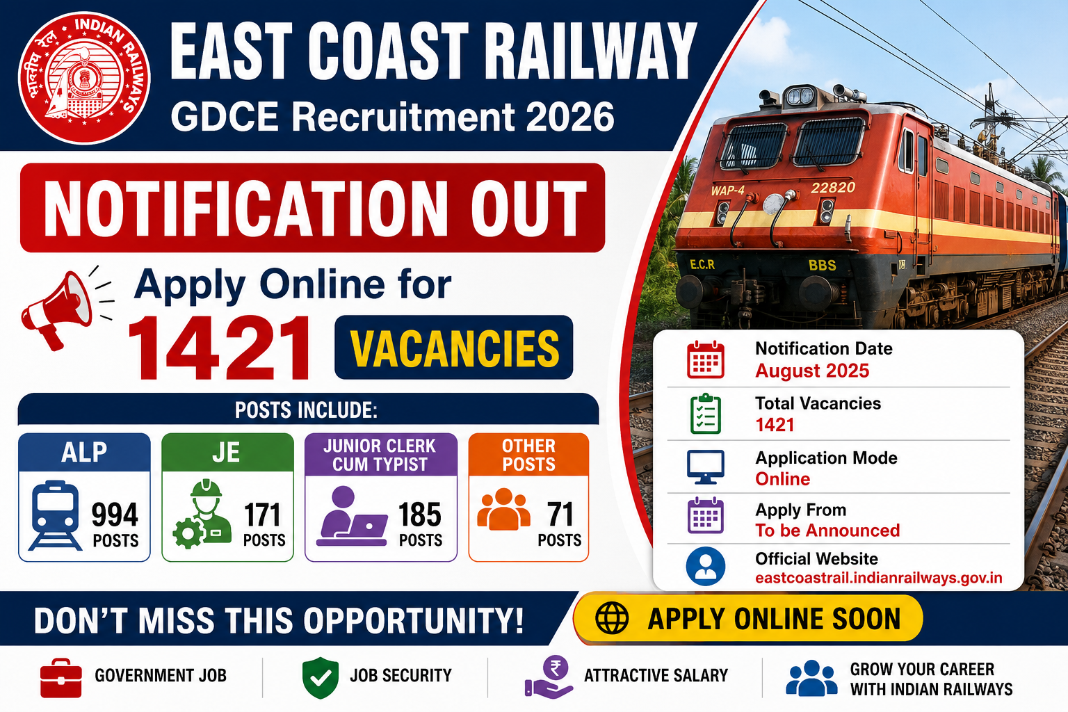 East Coast Railway GDCE Recruitment 2026 Notification Out - Apply Online for 1421 ALP, JE, Junior Clerk cum Typist and More Posts