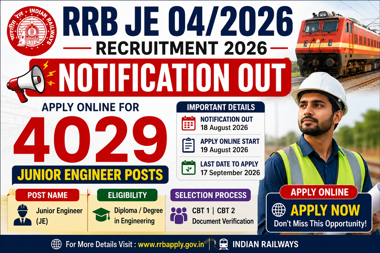 RRB JE 04/2026 Recruitment 2026 Notification Out - Apply Online for 4029 Junior Engineer Posts