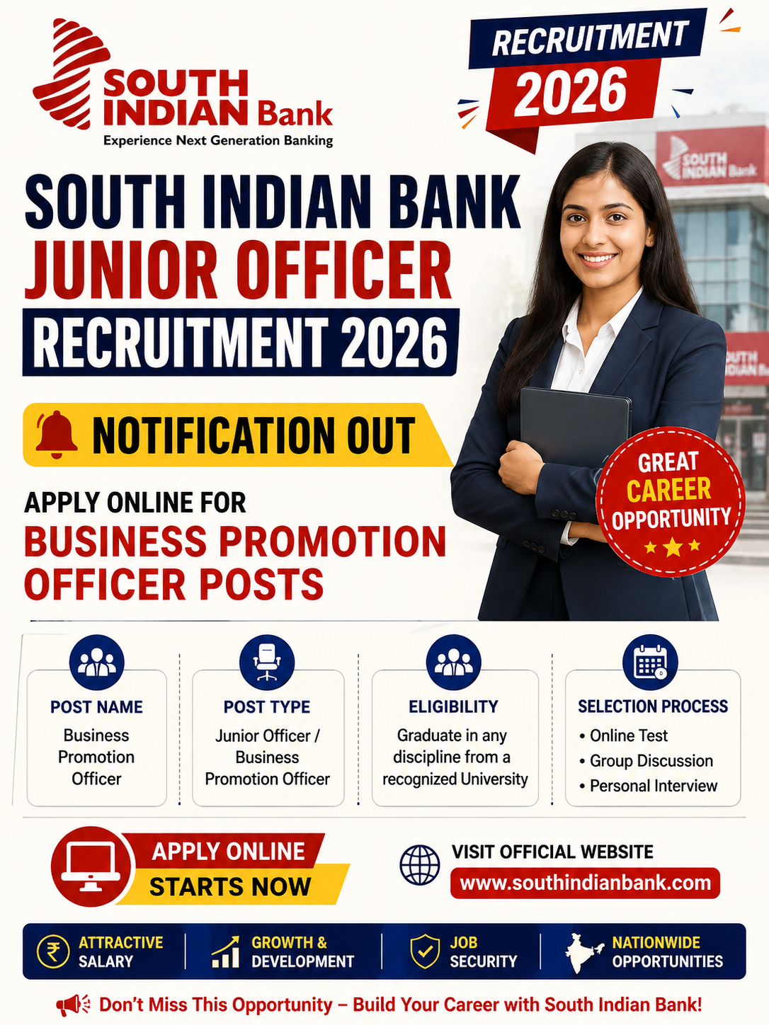 South Indian Bank Junior Officer Recruitment 2026 Notification Out - Apply Online for Business Promotion Officer Posts