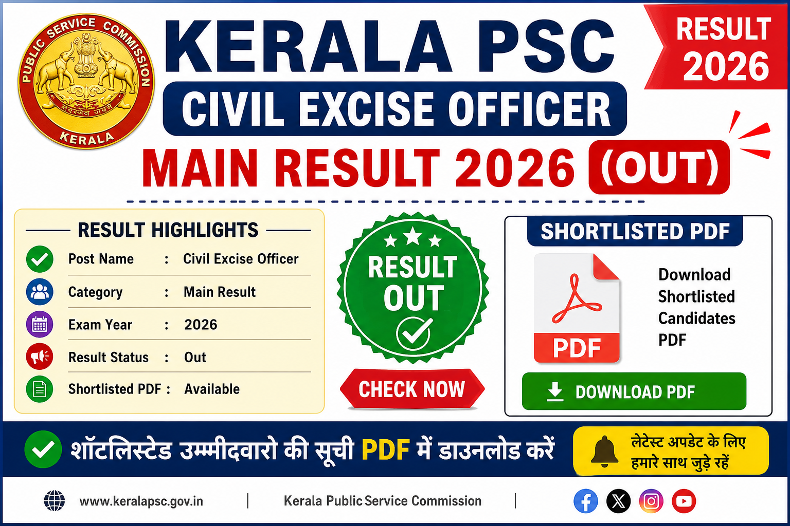 Kerala PSC Civil Excise Officer Main Result 2026 (Out) - Download Shortlisted PDF