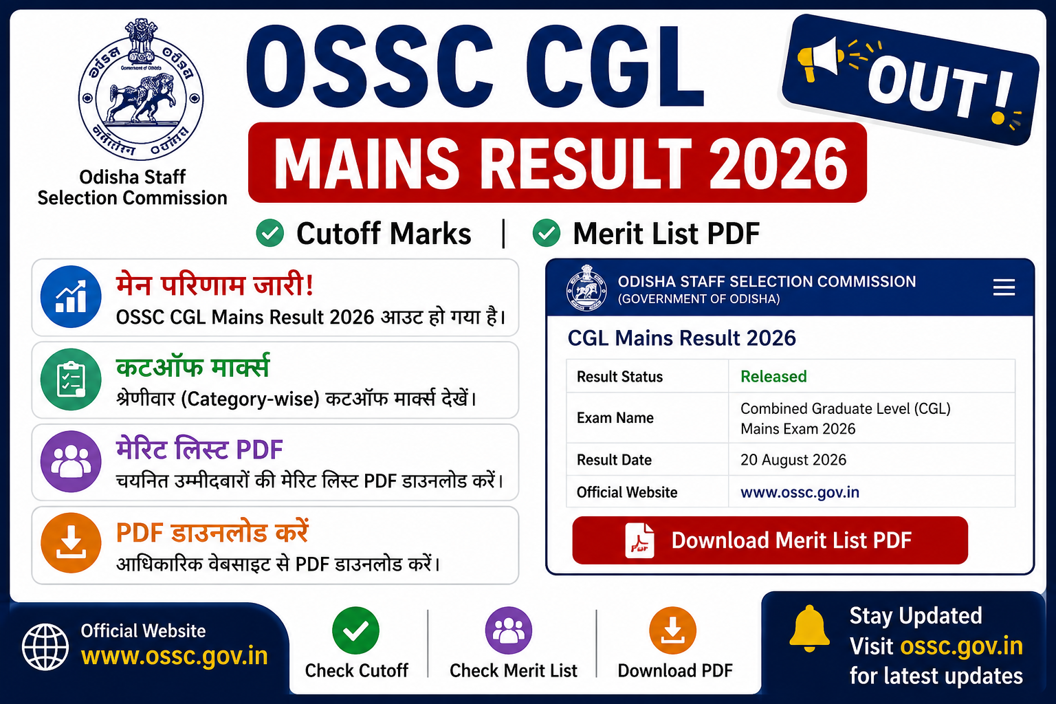 OSSC CGL Mains Result 2026 (Out) - Cutoff Marks, Merit List PDF @ ossc.gov.in