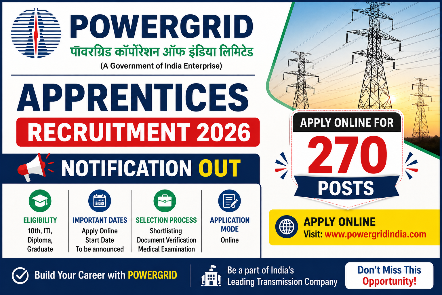 POWERGRID Apprentices Recruitment 2026 Notification Out - Apply Online for 270 Posts