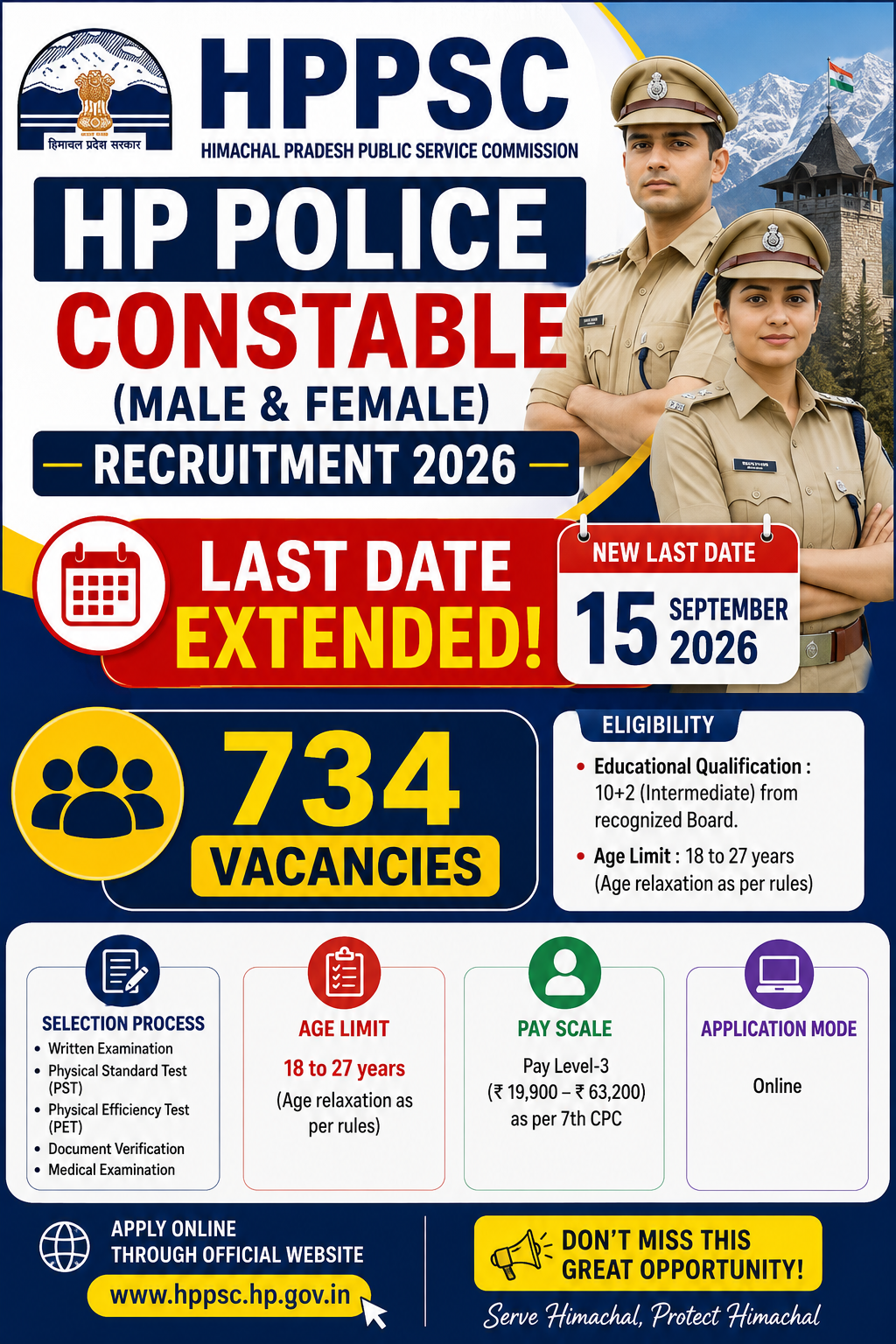 HPPSC HP Police Constable (Male & Female) Recruitment 2026 Last date Extended - 734 Vacancies