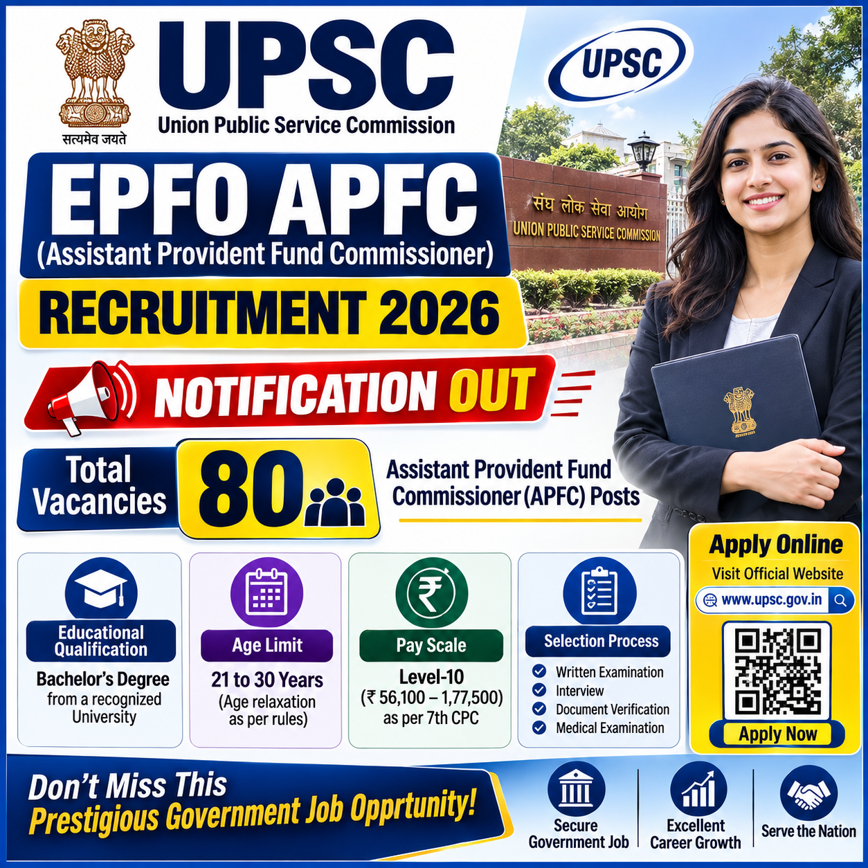 UPSC EPFO APFC Recruitment 2026 Notification Out - Apply Online for 80 Assistant Provident Fund Commissioner Posts