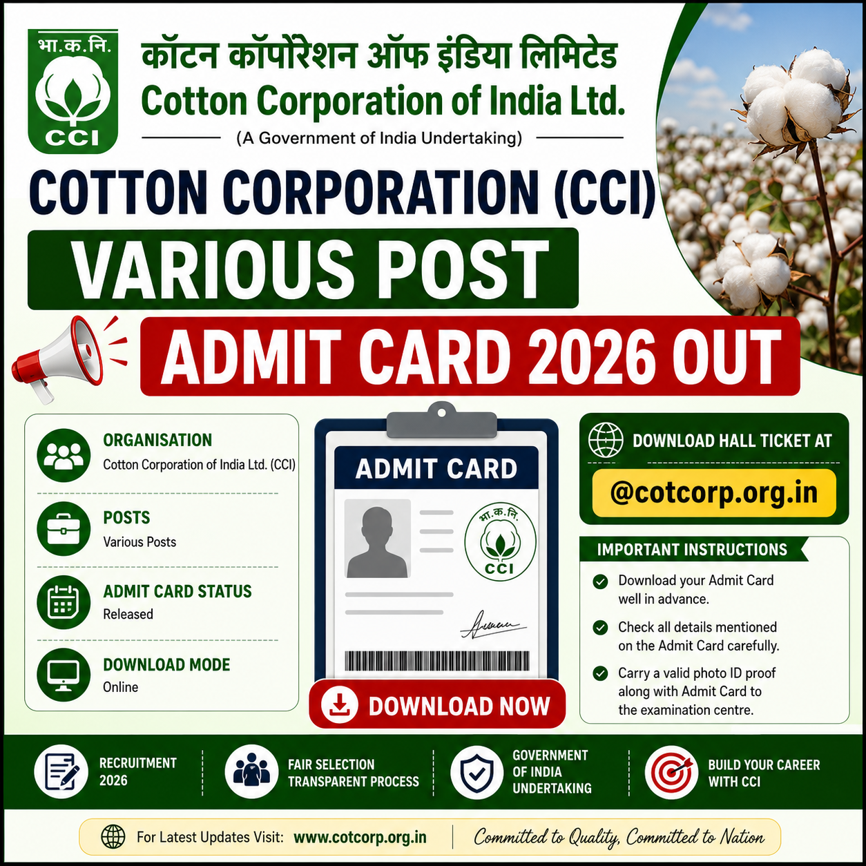 Cotton Corporation CCI Various Post Admit Card 2026 Out - Download Hall Ticket @cotcorp.org.in