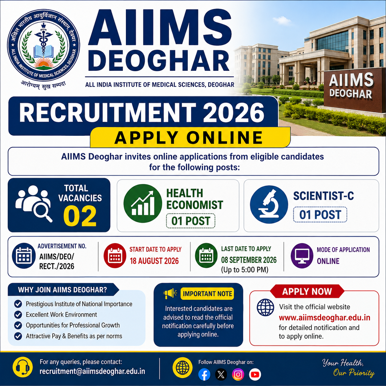AIIMS Deoghar Recruitment 2026 - Apply Online for Health Economist & Scientist-C Posts