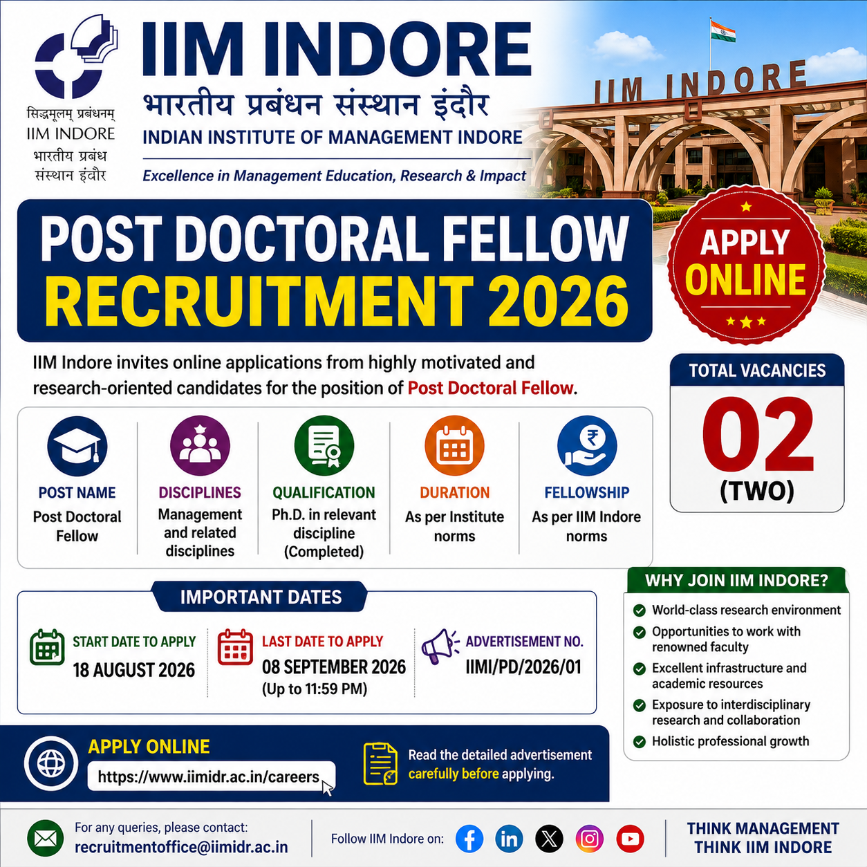 IIM Indore Post Doctoral Fellow Recruitment 2026 - Apply Online