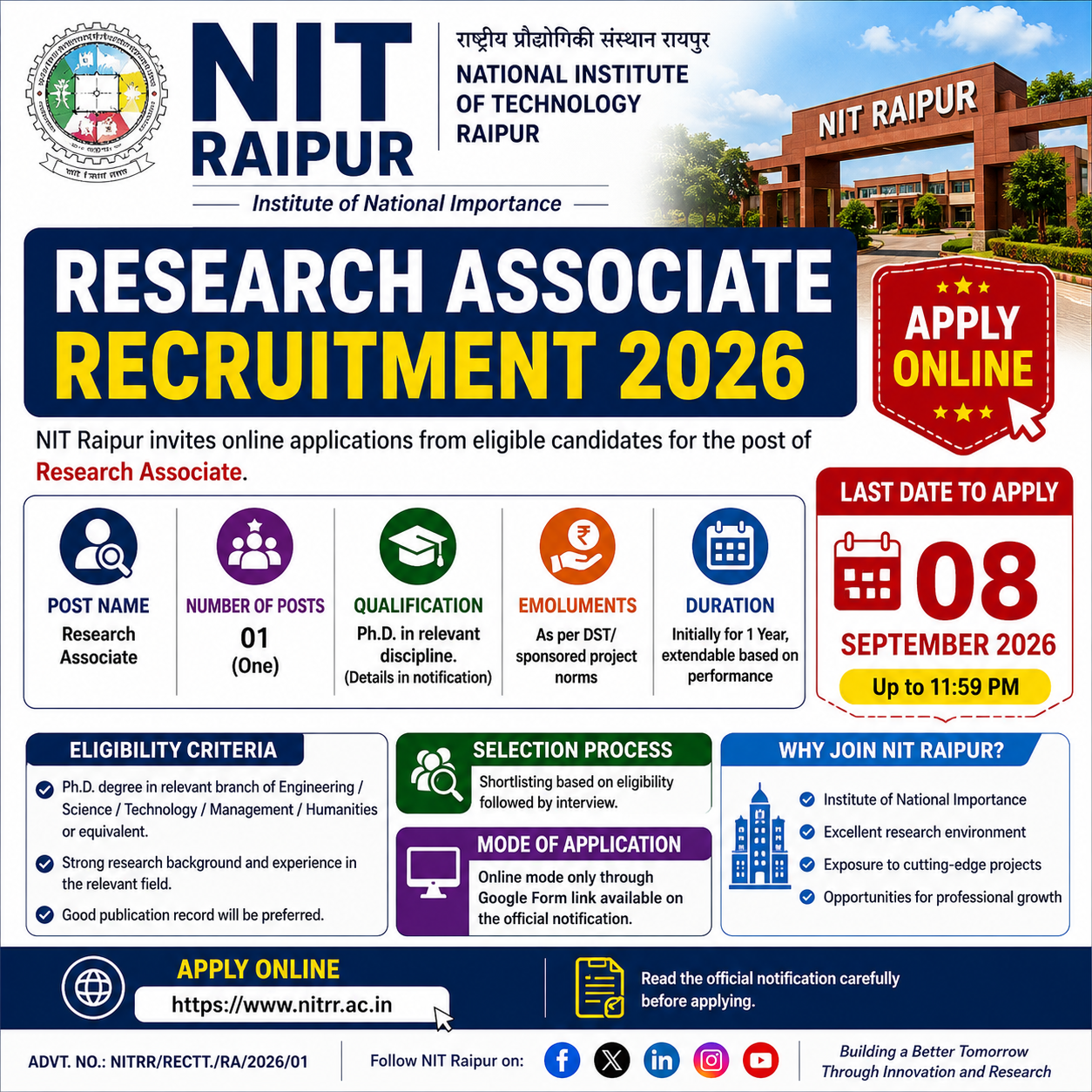 NIT Raipur Research Associate Recruitment 2026 - Apply Online