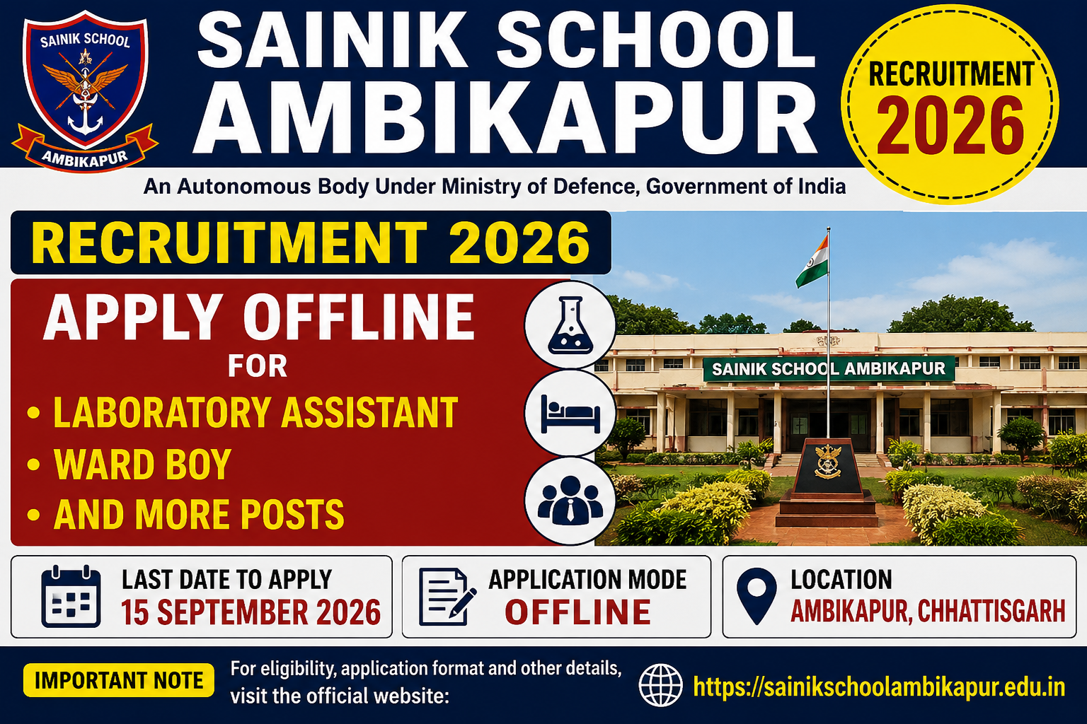 Sainik School Ambikapur Recruitment 2026 - Apply Offline for Laboratory Assistant, Ward Boy and More Posts