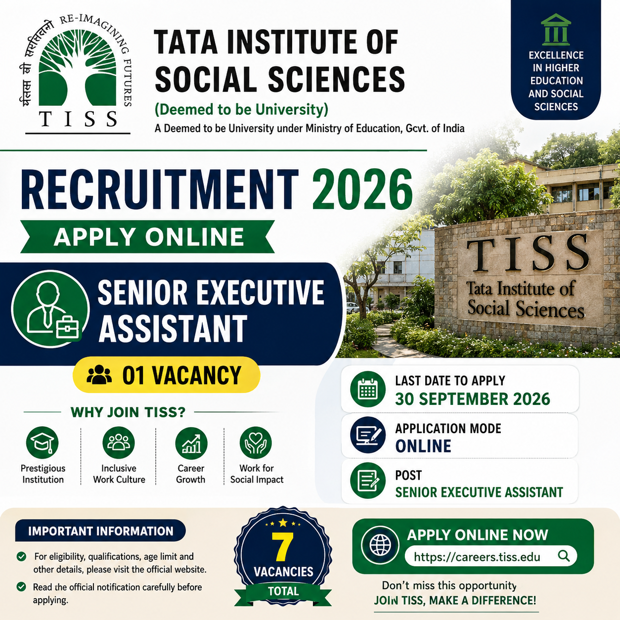 TISS Senior Executive Assistant Recruitment 2026 - Apply Online