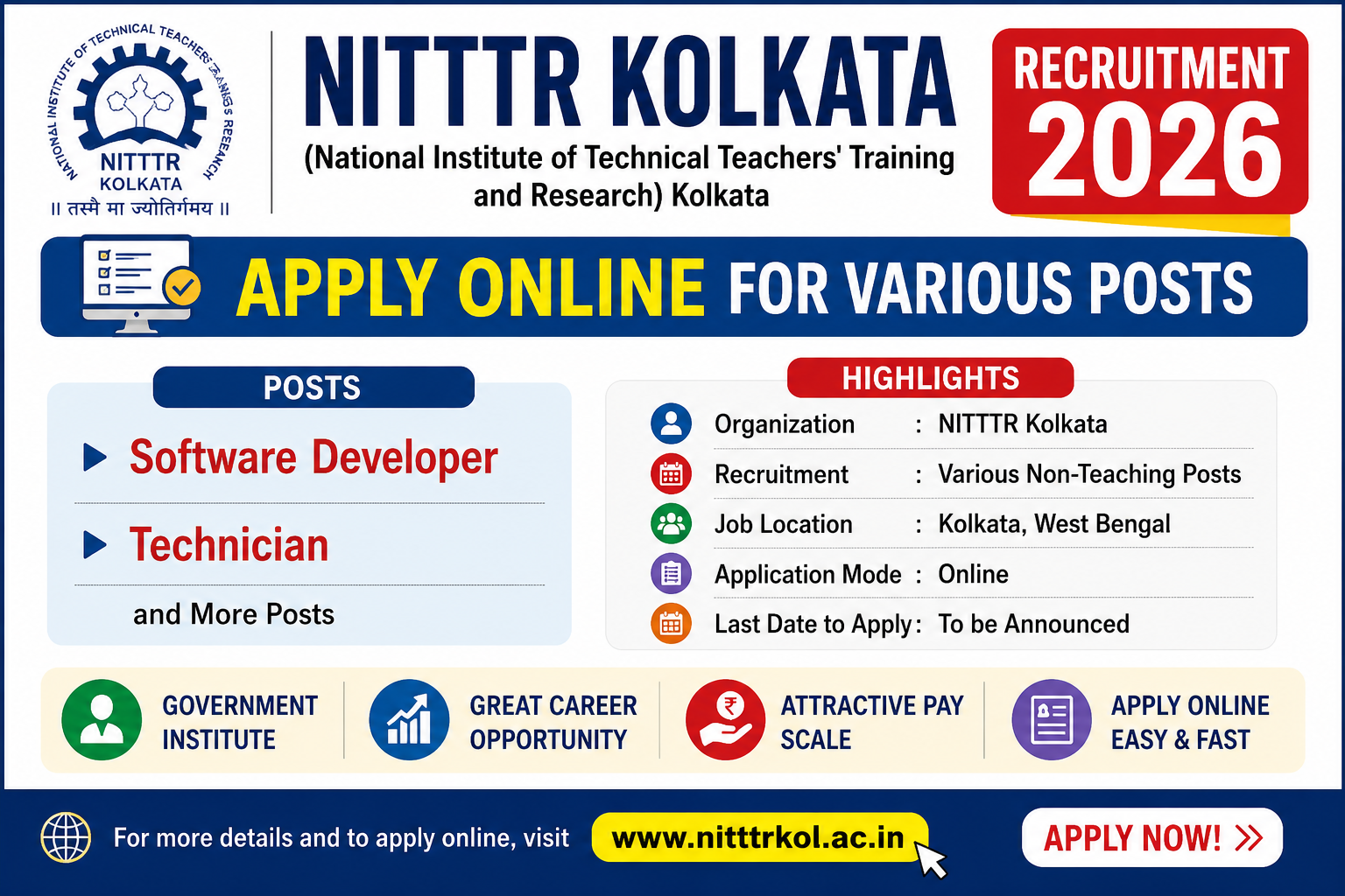 NITTTR Kolkata Recruitment 2026 - Apply Online for Software Developer, Technician Posts
