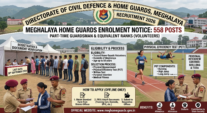 Meghalaya Home Guards Recruitment 2026 Notification Out - Apply Offline for 558 Posts