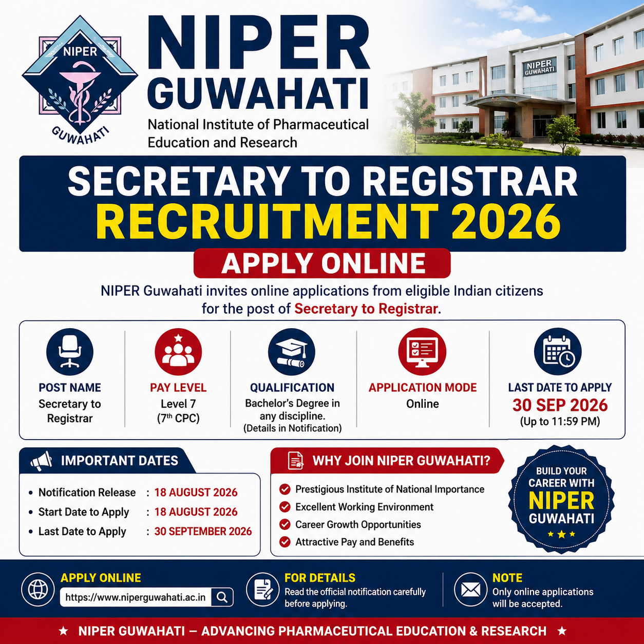 NIPER Guwahati Secretary to Registrar Recruitment 2026 - Apply Online