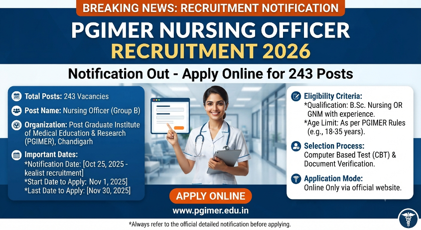 PGIMER Nursing Officer Recruitment 2026 Notification Out - Apply Online for 243 Posts